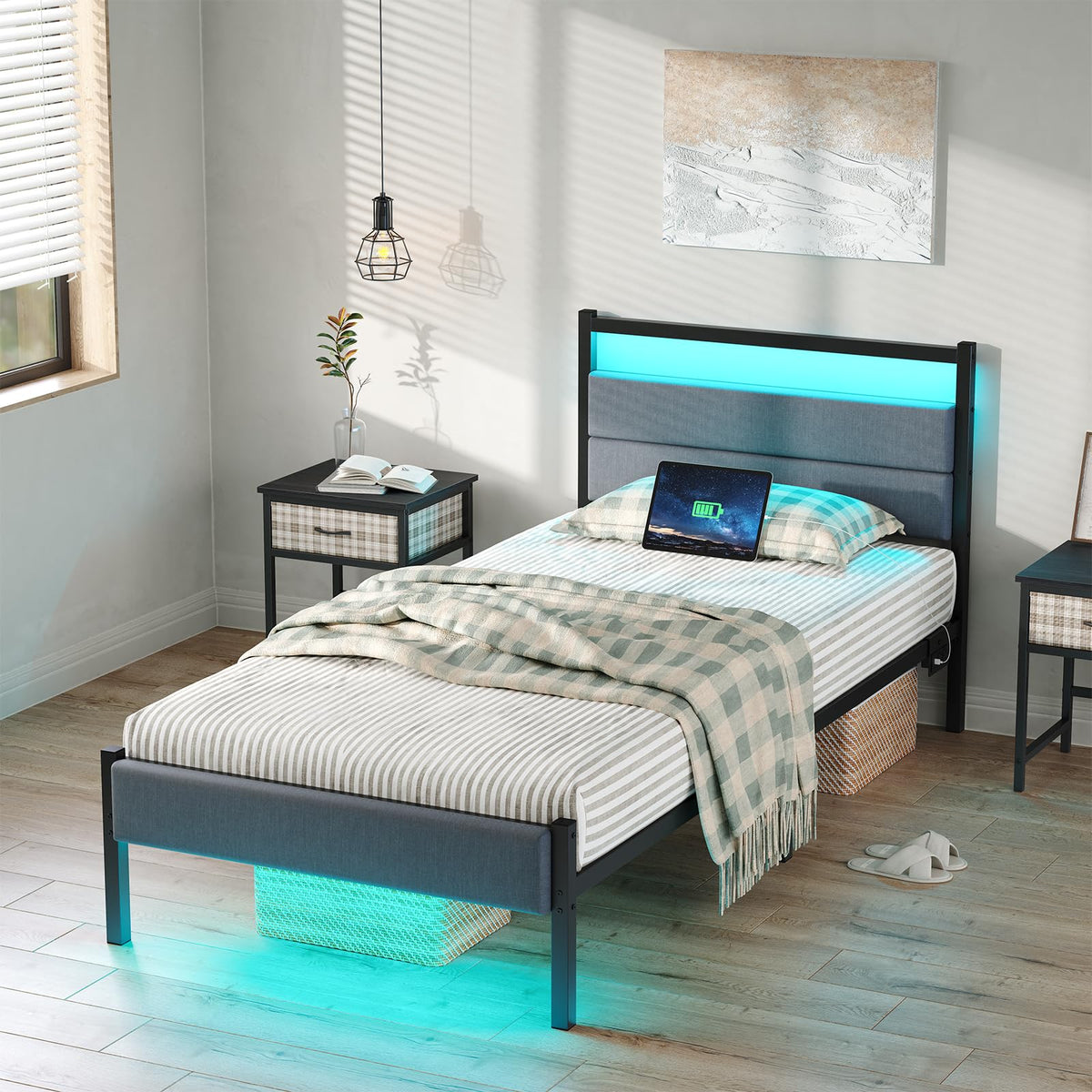Twin Bed Frame with Charging Station, LED Lights, Grey Upholstered Headboard, Under Bed Storage W2588