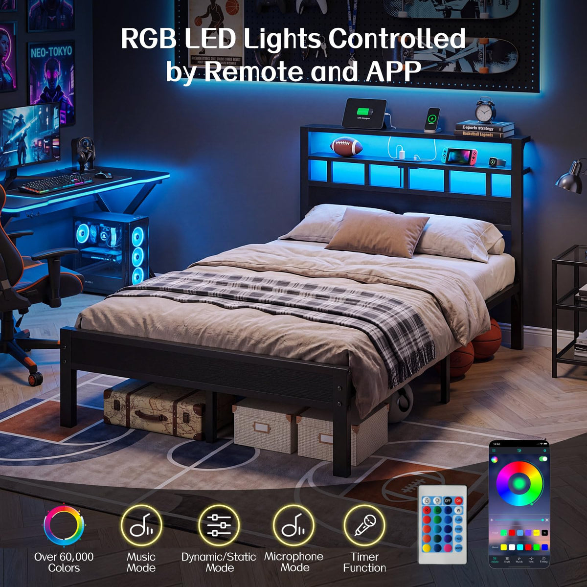 Full Size Bed Frame with Charging Station and LED C833775