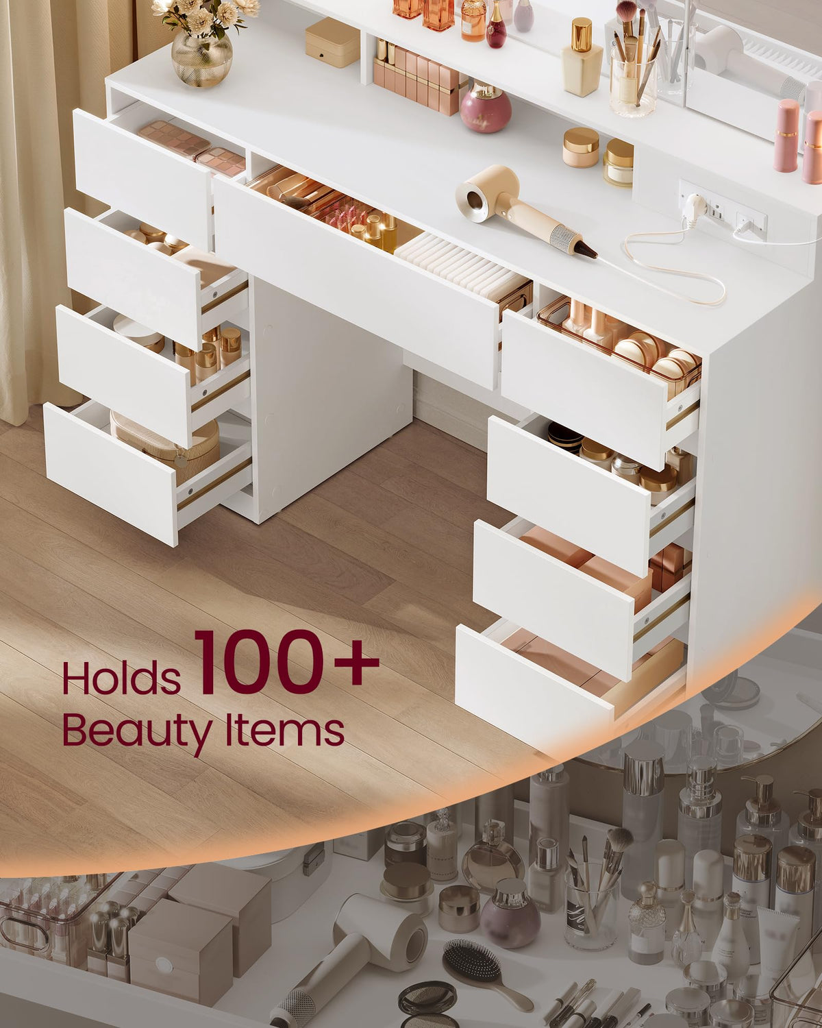 Vanity Desk with LED Lights and Tri-Fold Mirror, 9 Drawers Y728