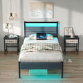 Twin Bed Frame with Charging Station, LED Lights, Grey Upholstered Headboard, Under Bed Storage W2588