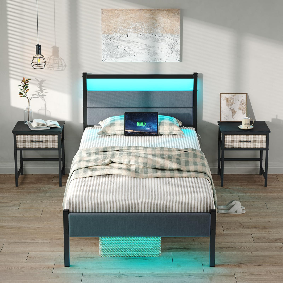 Twin Bed Frame with Charging Station, LED Lights, Grey Upholstered Headboard, Under Bed Storage W2588