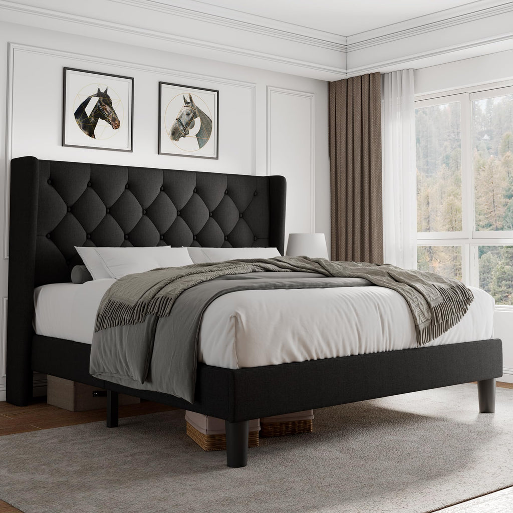 Queen Size Upholstered Platform Bed Frame with Tufted Headboard G5785