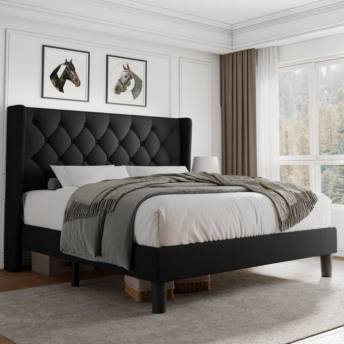 Queen Size Upholstered Platform Bed Frame with Tufted Headboard G5785