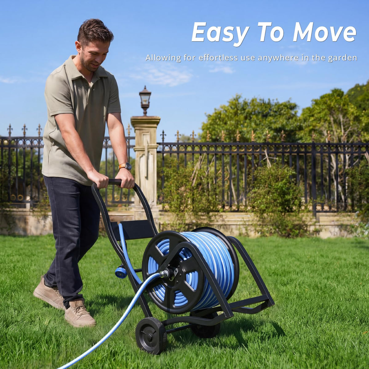 Heavy Duty Metal Garden Hose Reel Cart with Wheels, Holds 200FT Hose E9336
