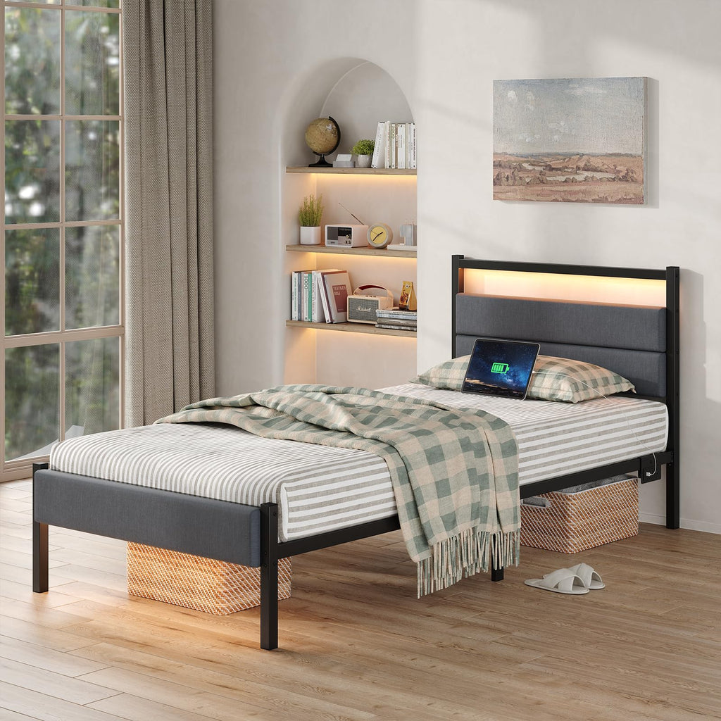 Twin Bed Frame with Charging Station, LED Lights, Grey Upholstered Headboard, Under Bed Storage W2588