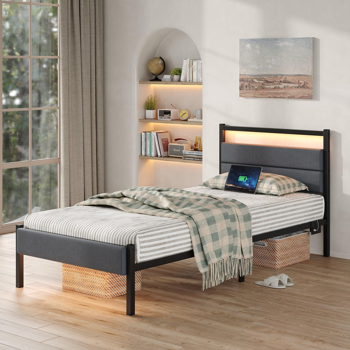 Twin Bed Frame with Charging Station, LED Lights, Grey Upholstered Headboard, Under Bed Storage W2588