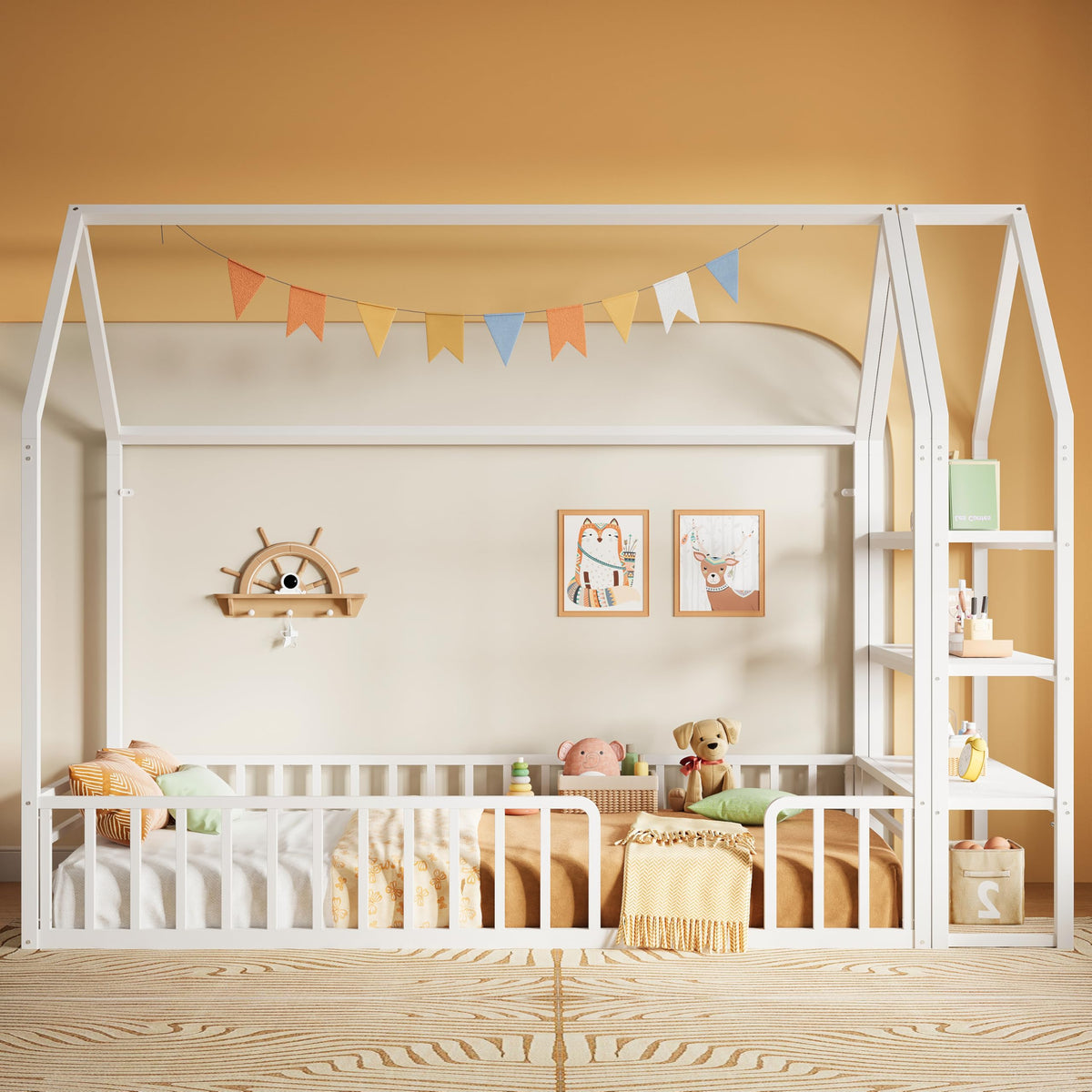 Twin White Metal Floor Bed with 3-Tier Shelves Z196758