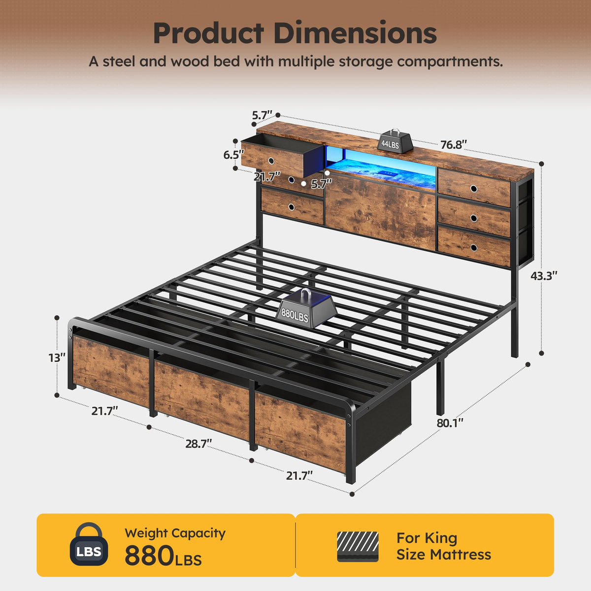 King Size Bed Frame with 9 Drawers and Charging Station T17737