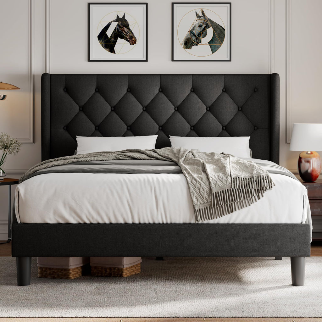 Queen Size Upholstered Platform Bed Frame with Tufted Headboard G5785