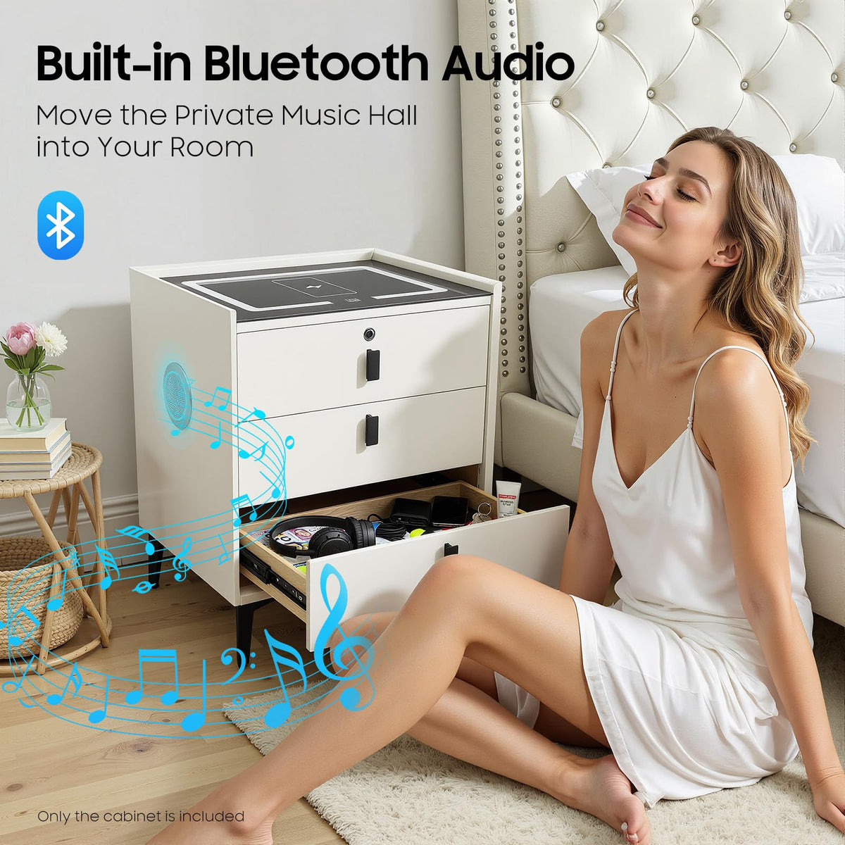 Beige White 3 Drawer Nightstand with Wireless Charging Y953727