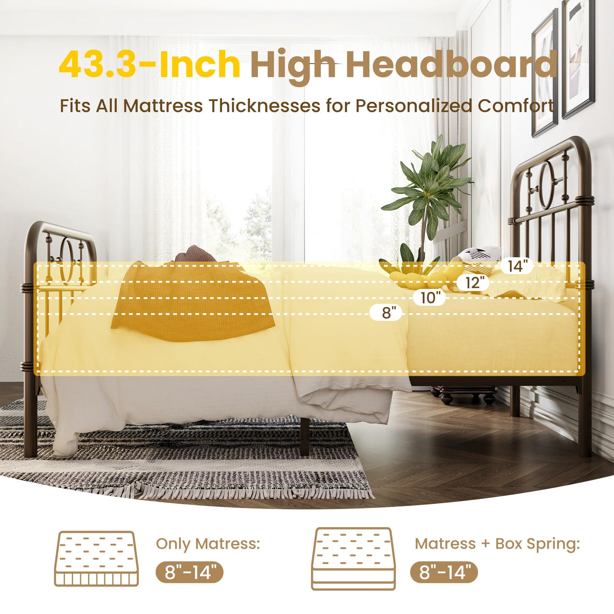 Twin Metal Platform Bed Frame with Vintage Headboard Y9480