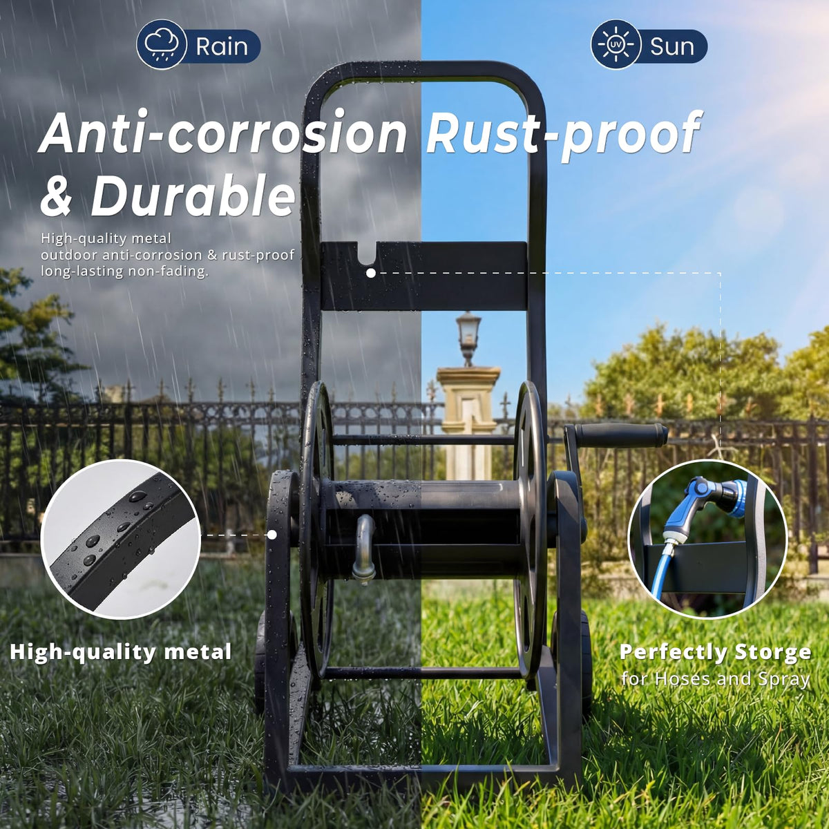 Heavy Duty Metal Garden Hose Reel Cart with Wheels, Holds 200FT Hose E9336