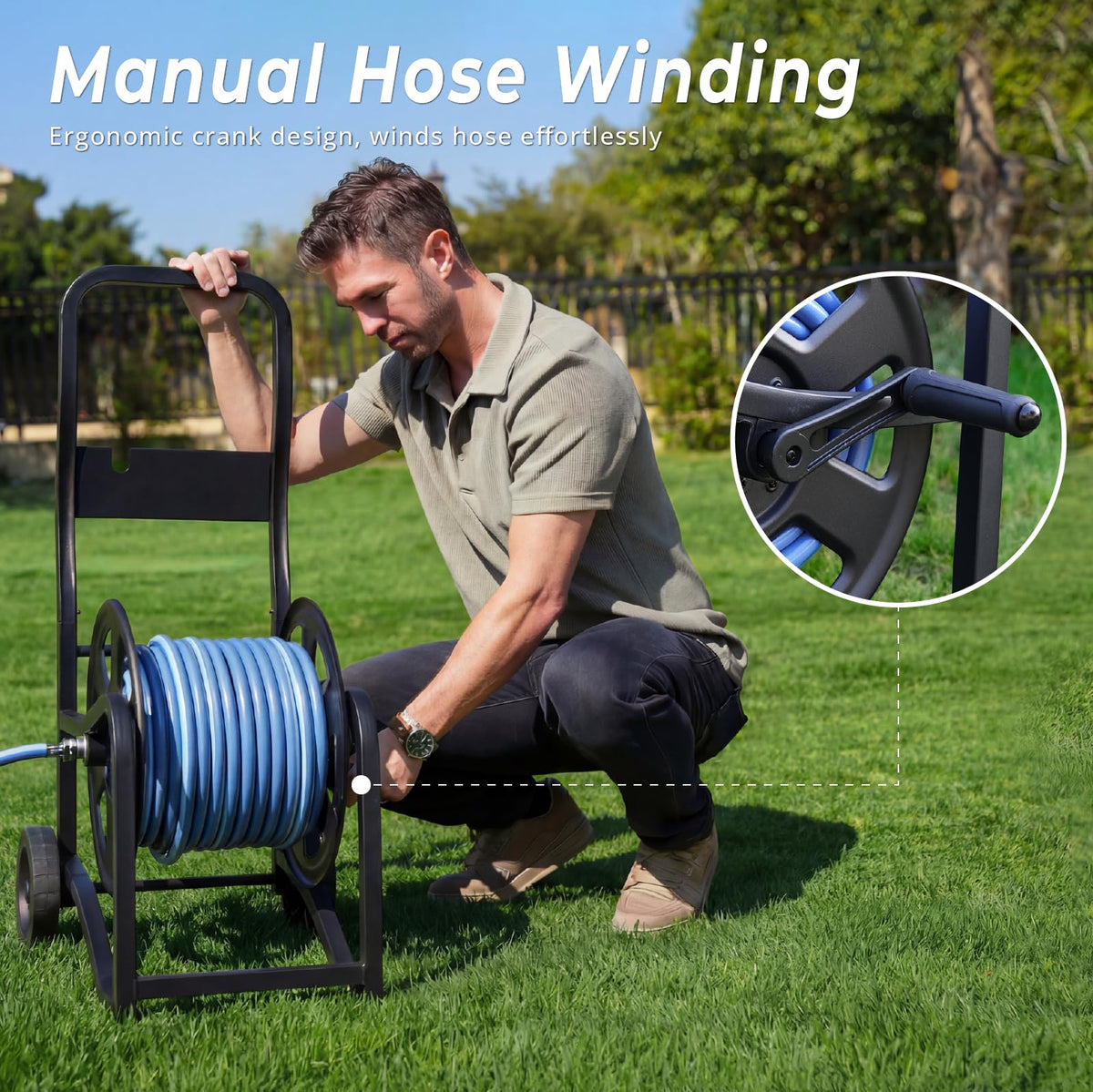 Heavy Duty Metal Garden Hose Reel Cart with Wheels, Holds 200FT Hose E9336