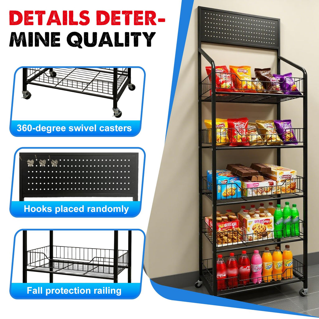 5 Tier Metal Candy Display Rack with Wheels & 15 Hooks T90777