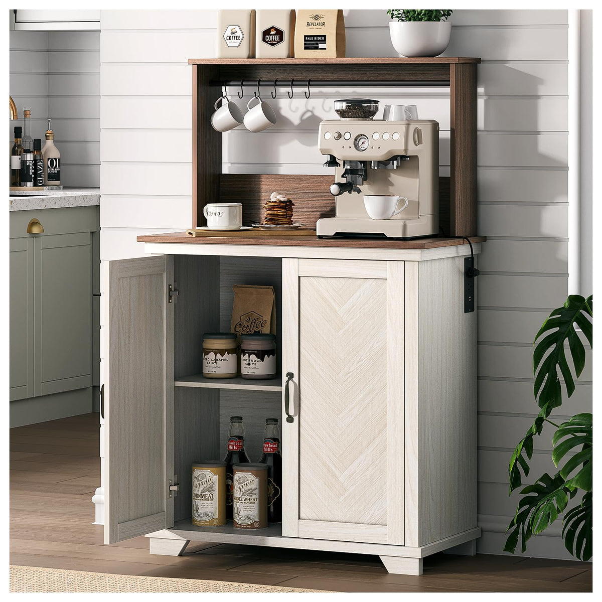White Coffee Bar Cabinet with Storage and Charging M968