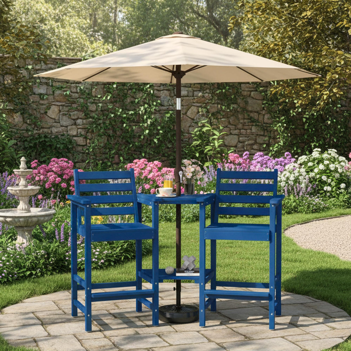 Tall Adirondack Chairs Set of 2, Bar Height HDPE Outdoor Chairs with Connecting Tray & Umbrella Hole, Navy Blue C718873
