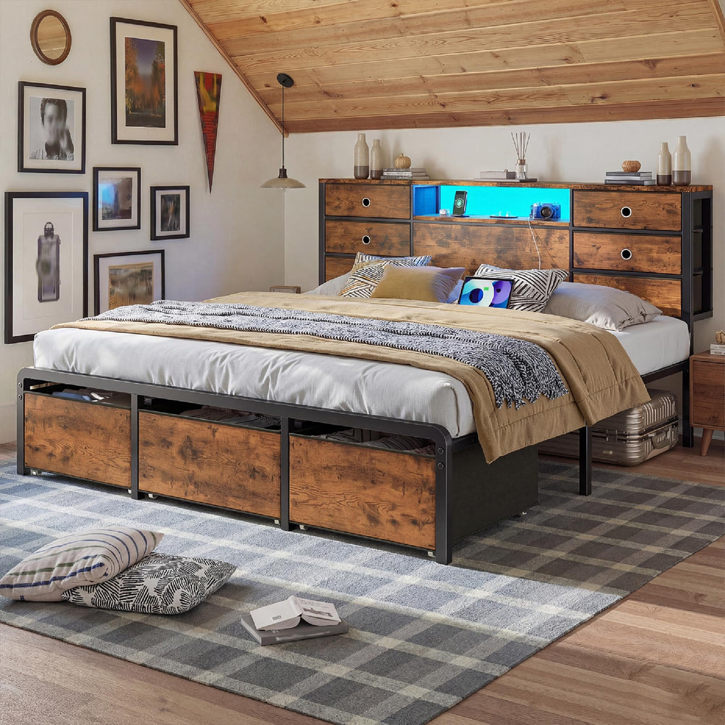 King Size Bed Frame with 9 Drawers and Charging Station T17737