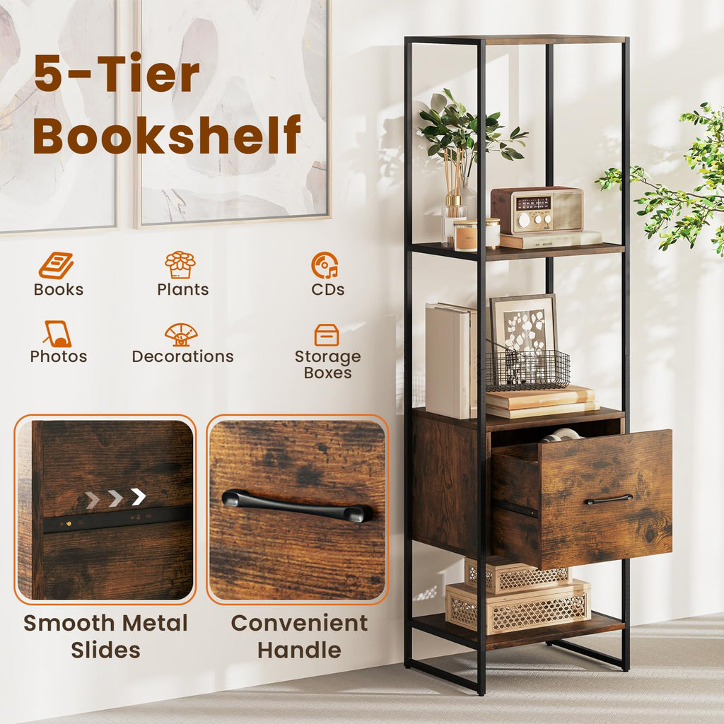 5-Tier Bookshelf with Drawer Narrow Bookcase D414