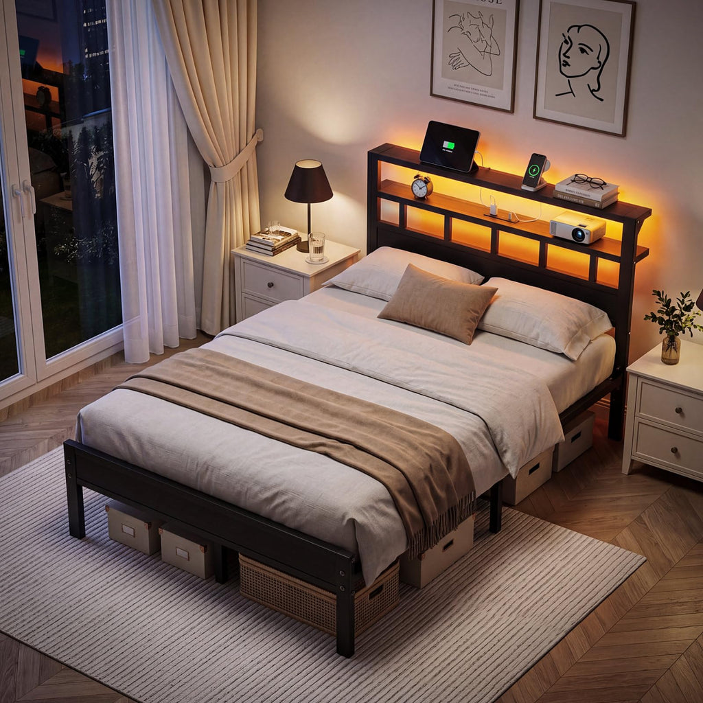 Full Size Bed Frame with Charging Station and LED C833775