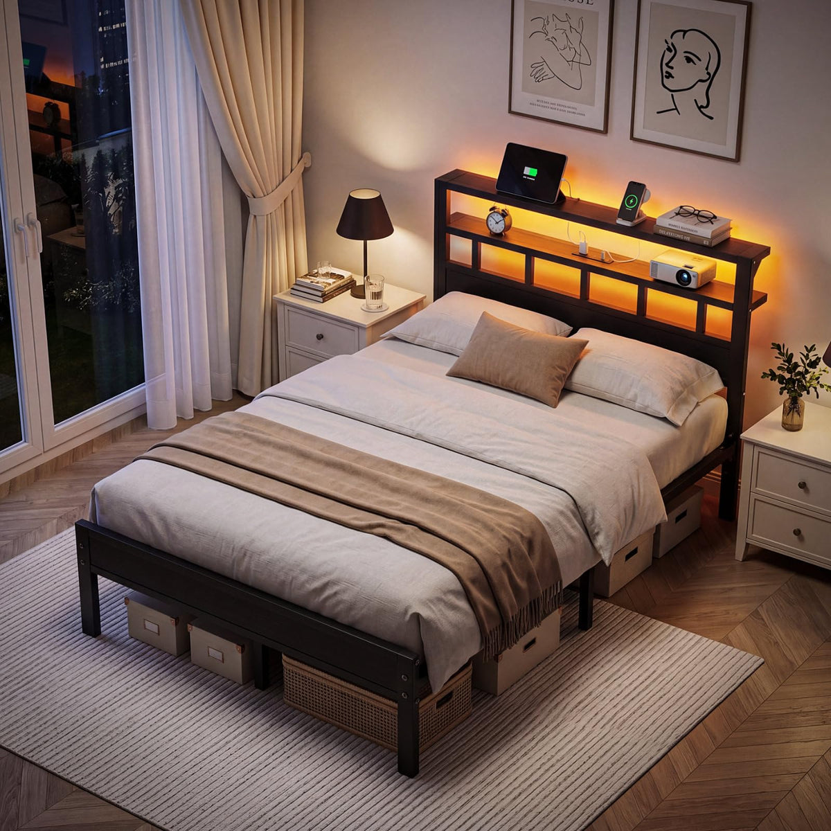 Full Size Bed Frame with Charging Station and LED C833775