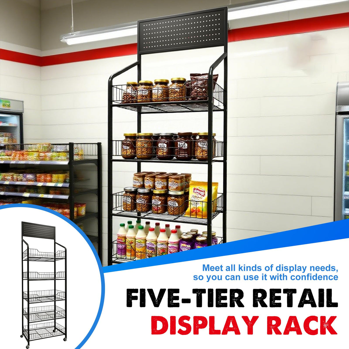 5 Tier Metal Candy Display Rack with Wheels & 15 Hooks T90777