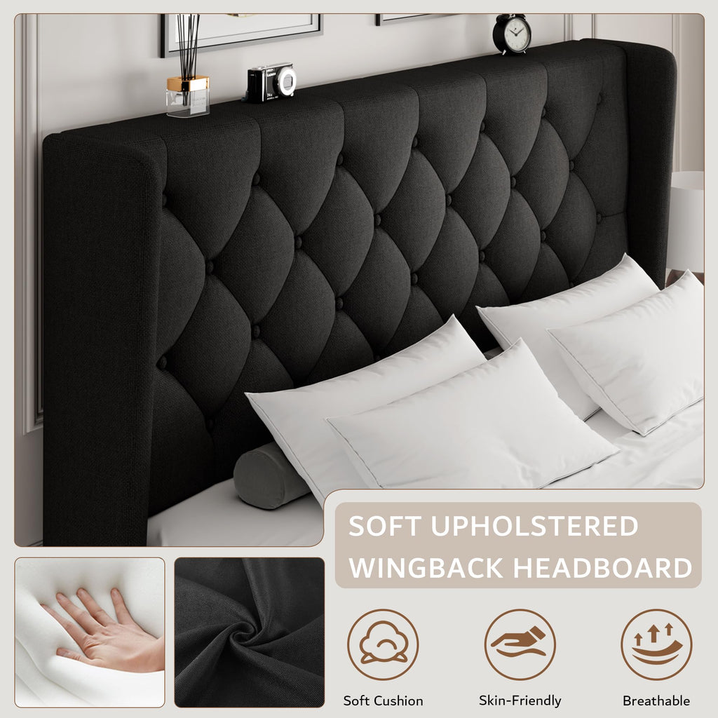 Queen Size Upholstered Platform Bed Frame with Tufted Headboard G5785