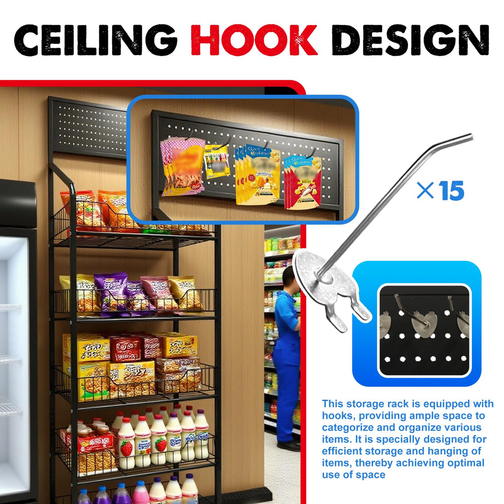 5 Tier Metal Candy Display Rack with Wheels & 15 Hooks T90777