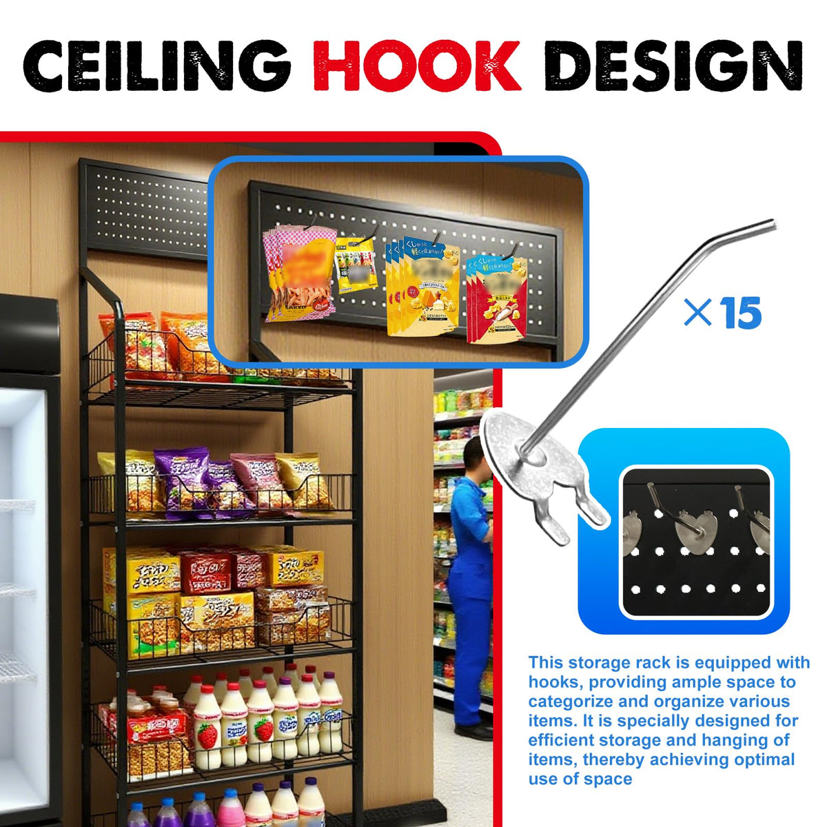 5 Tier Metal Candy Display Rack with Wheels & 15 Hooks T90777
