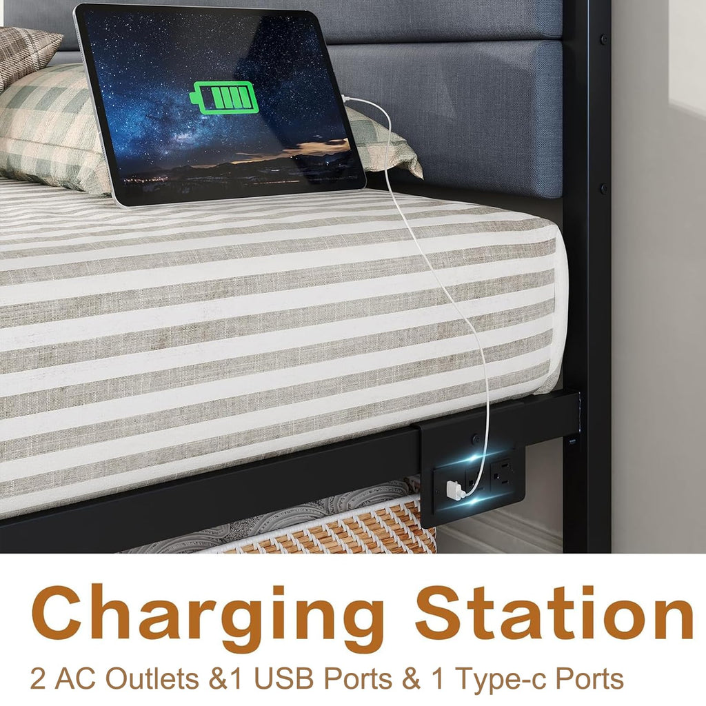 Twin Bed Frame with Charging Station, LED Lights, Grey Upholstered Headboard, Under Bed Storage W2588