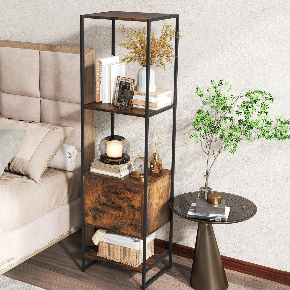 5-Tier Bookshelf with Drawer Narrow Bookcase D414