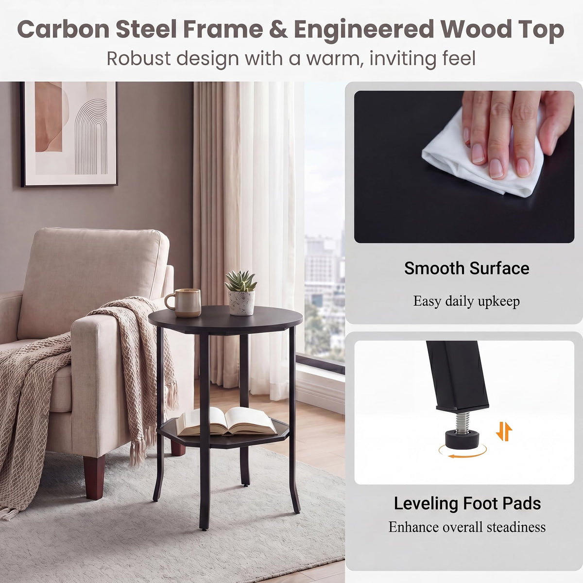 2-Tier Round Side End Table with Storage Shelf Y6960