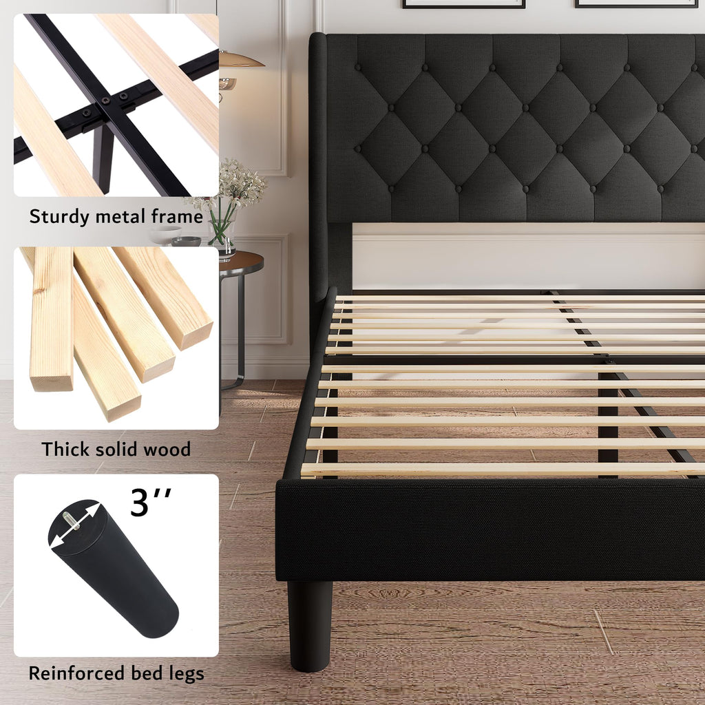 Queen Size Upholstered Platform Bed Frame with Tufted Headboard G5785
