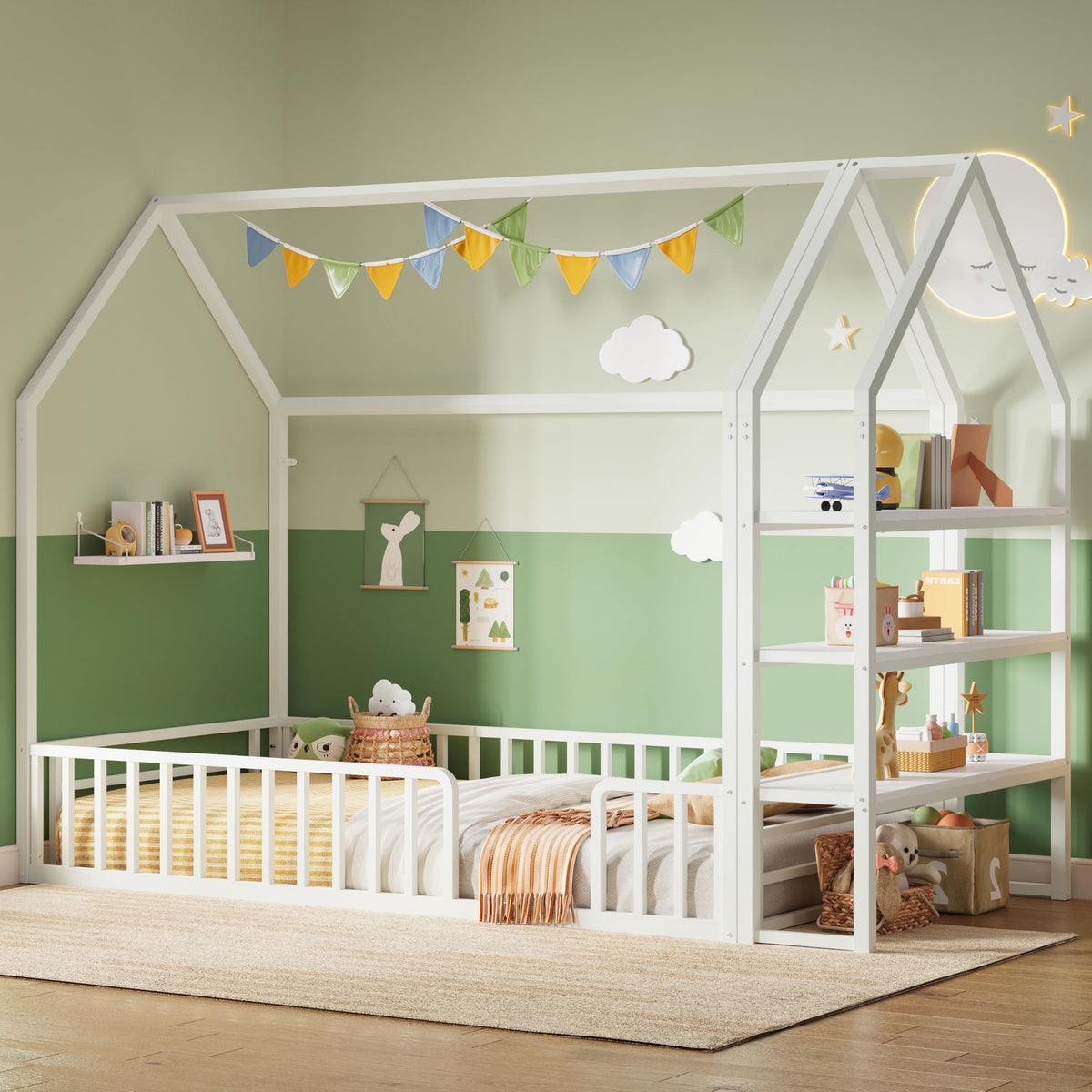 Twin White Metal Floor Bed with 3-Tier Shelves Z196758