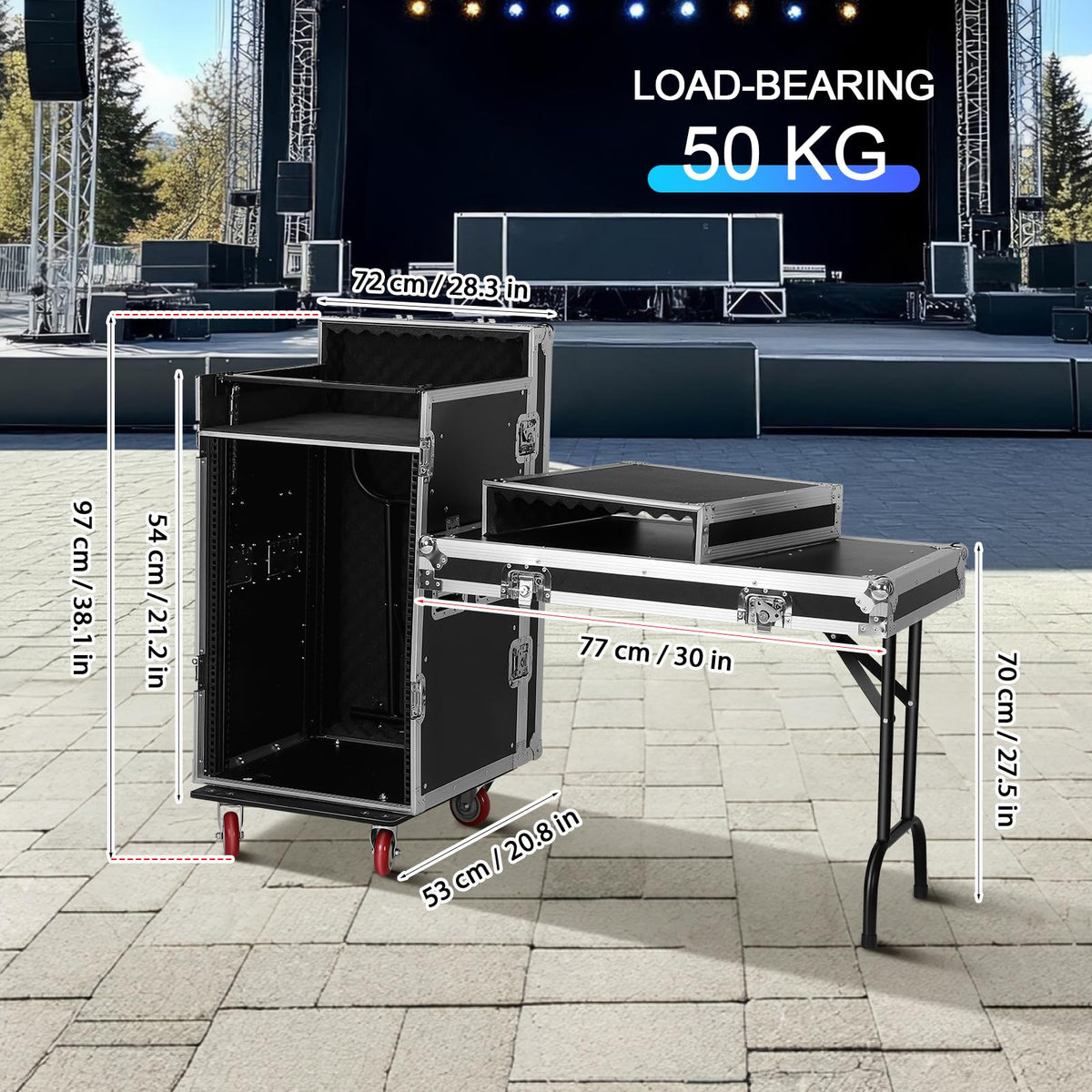 16U DJ Controller Case Rack with 2 Side Tables and 4 Casters Q16622