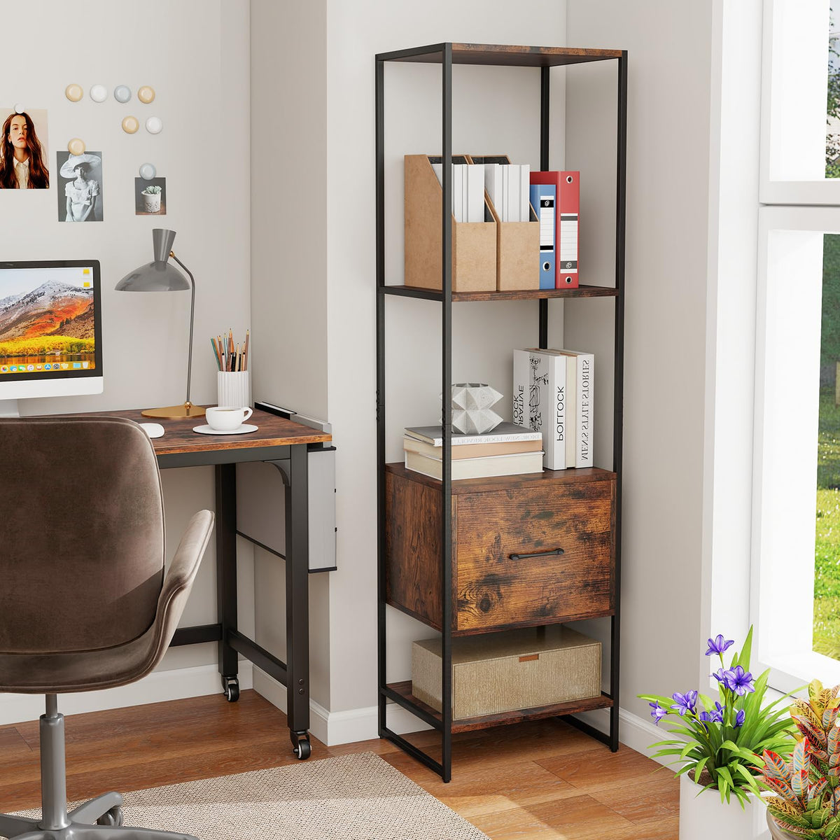 5-Tier Bookshelf with Drawer Narrow Bookcase D414