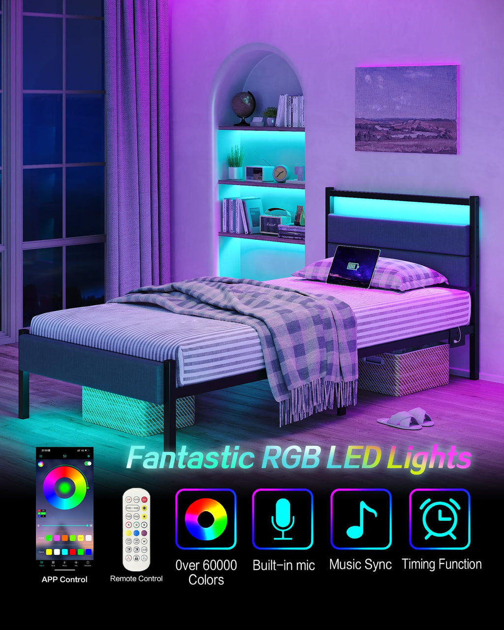 Twin Bed Frame with Charging Station, LED Lights, Grey Upholstered Headboard, Under Bed Storage W2588