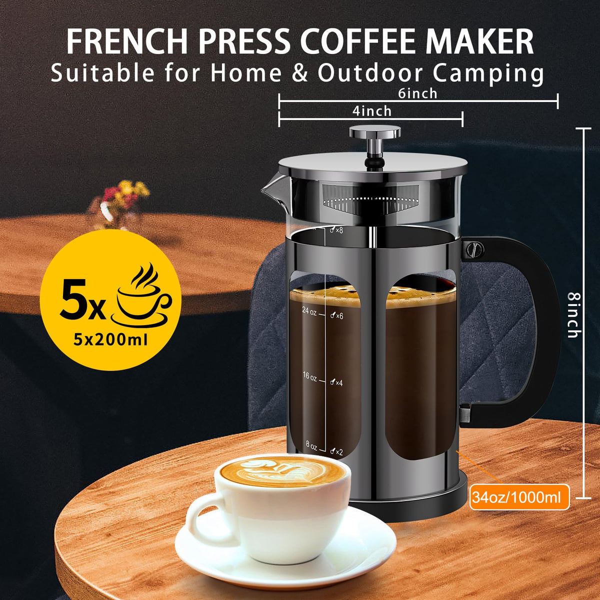 French Press Coffee Maker 34oz with 4 Filters Borosilicate Glass S747673