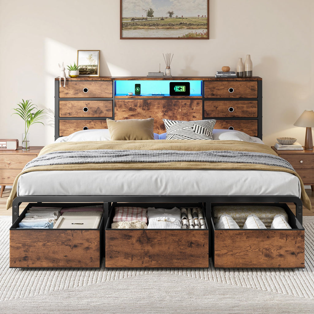 King Size Bed Frame with 9 Drawers and Charging Station T17737