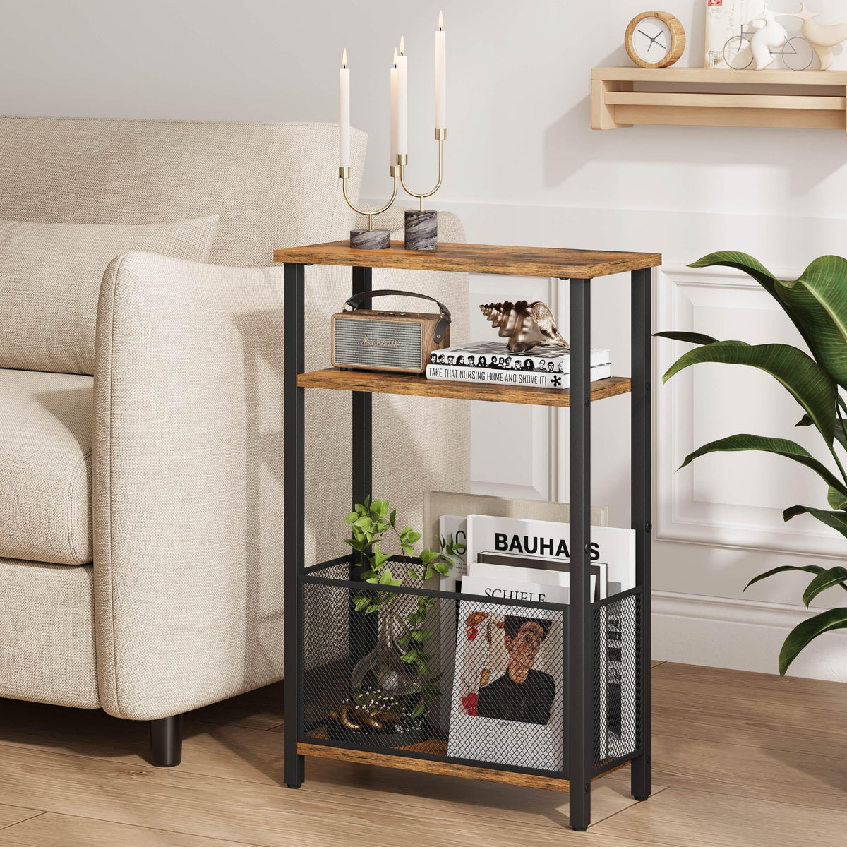 Narrow 3 Tier Side Table with Storage Basket V99091
