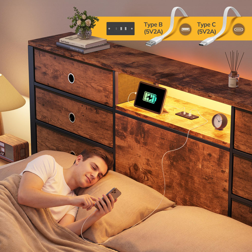 King Size Bed Frame with 9 Drawers and Charging Station T17737