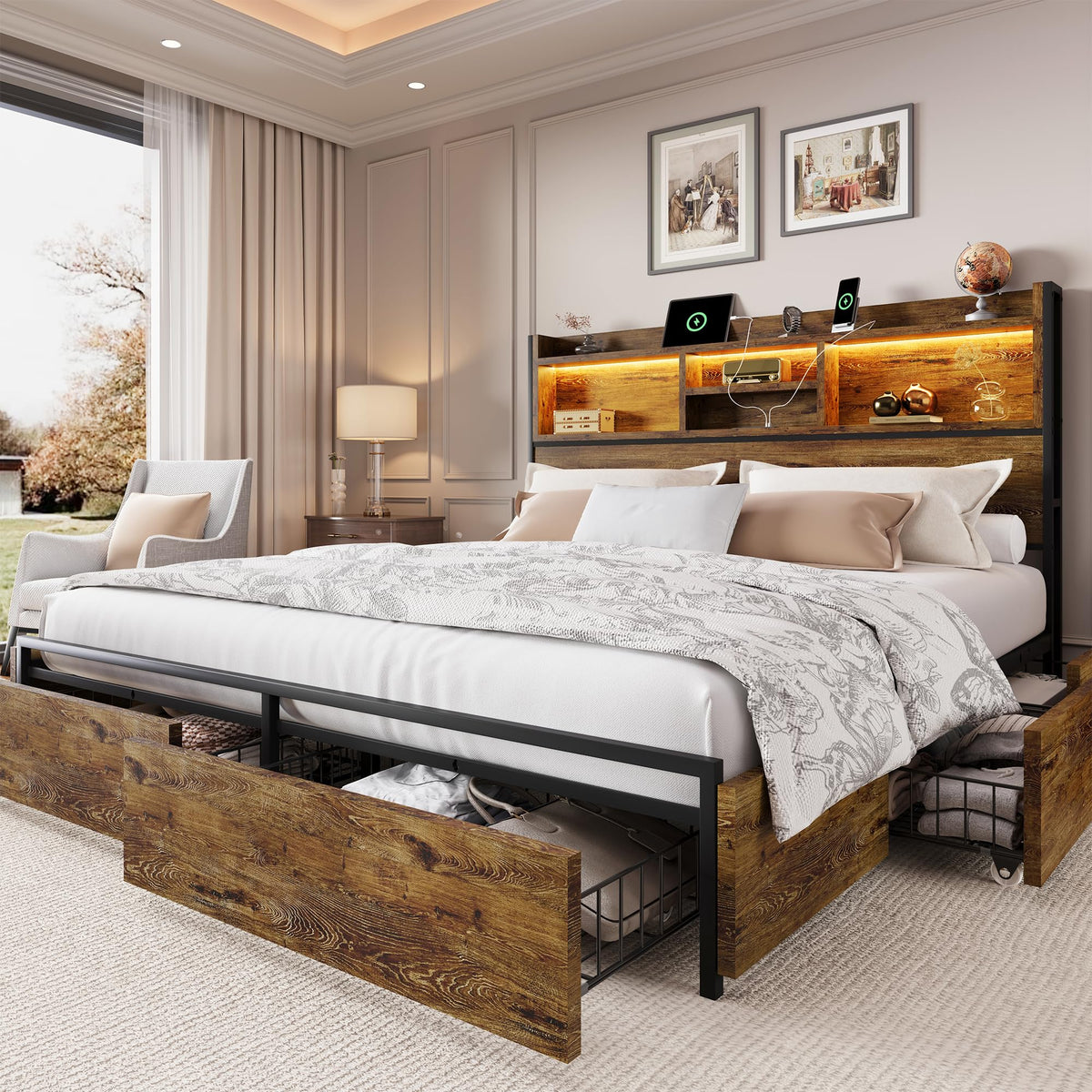 King Size Wooden Platform Bed Frame with 6 Storage Drawers and Headboard B500511