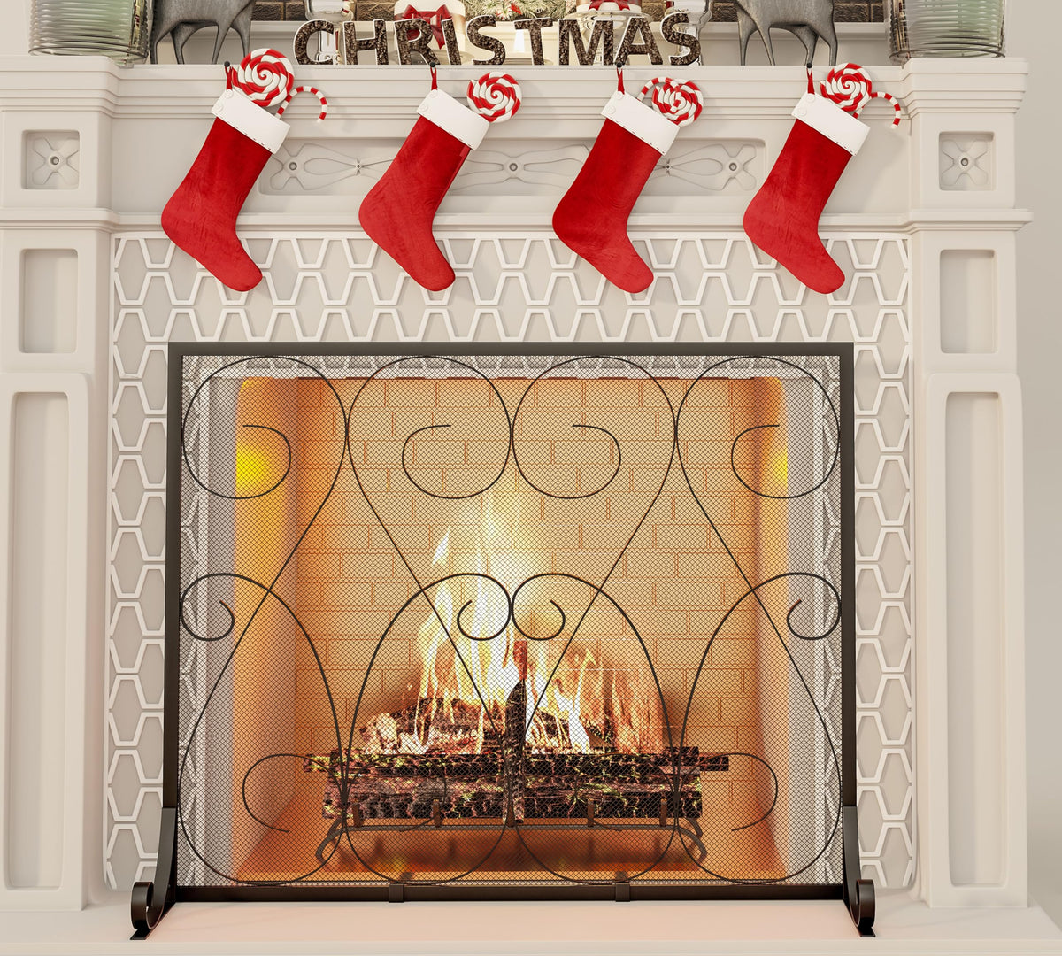 Handcrafted Wrought Iron Flat Fireplace Screen with Steel Frame Metal Mesh Black D8992