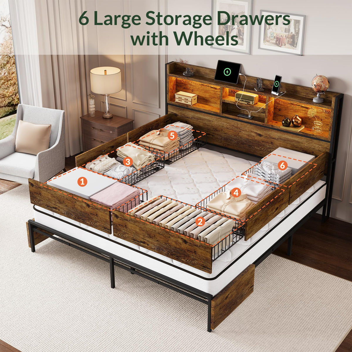 King Size Wooden Platform Bed Frame with 6 Storage Drawers and Headboard B500511