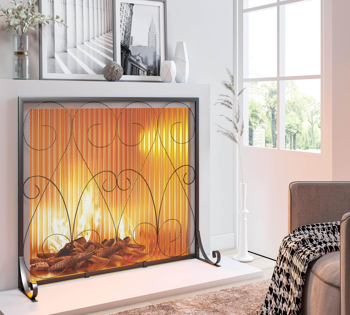 Handcrafted Wrought Iron Flat Fireplace Screen with Steel Frame Metal Mesh Black D8992