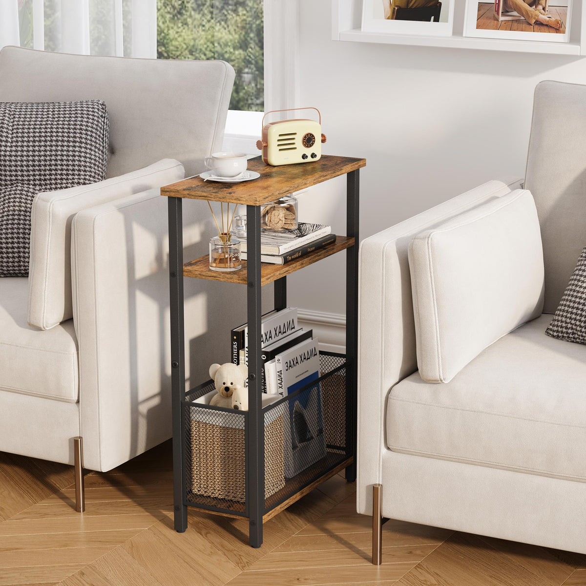 Narrow 3 Tier Side Table with Storage Basket V99091