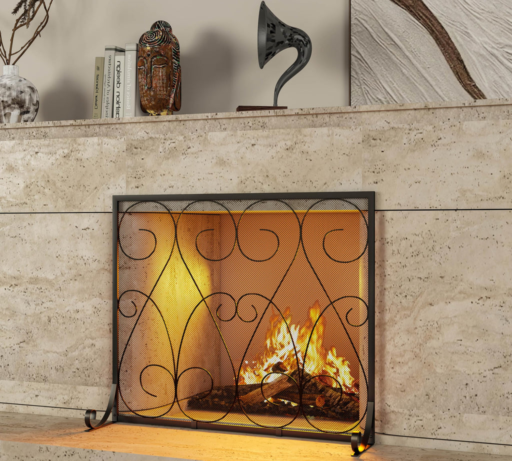 Handcrafted Wrought Iron Flat Fireplace Screen with Steel Frame Metal Mesh Black D8992