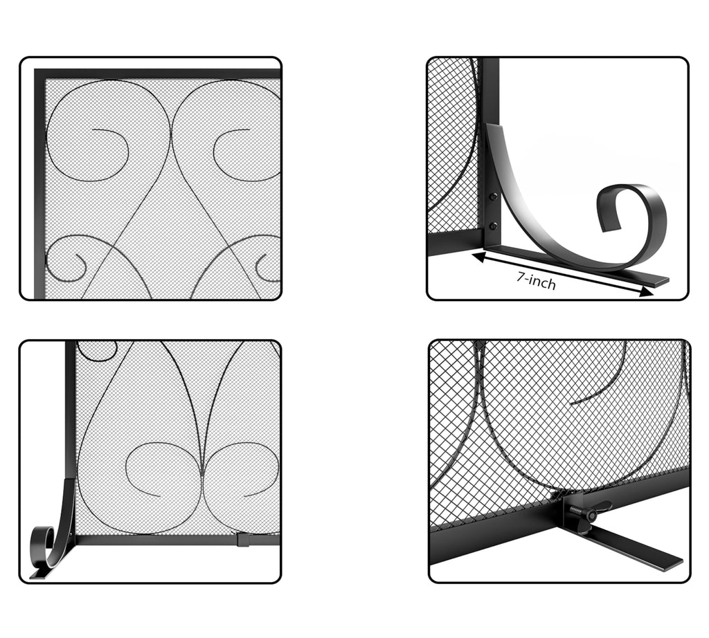 Handcrafted Wrought Iron Flat Fireplace Screen with Steel Frame Metal Mesh Black D8992