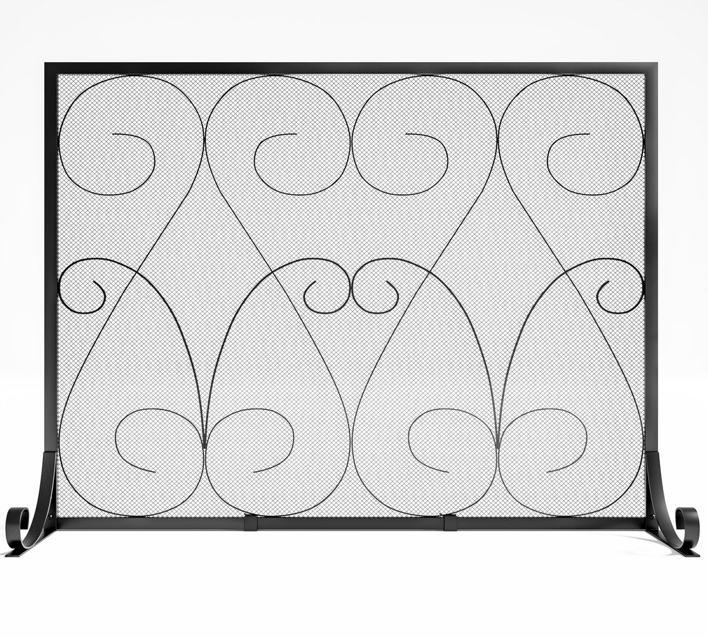 Handcrafted Wrought Iron Flat Fireplace Screen with Steel Frame Metal Mesh Black D8992