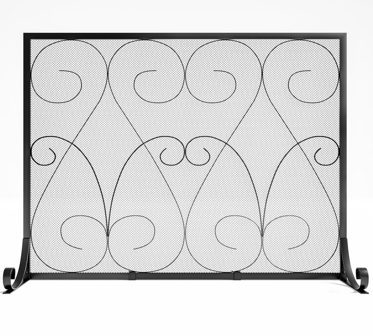 Handcrafted Wrought Iron Flat Fireplace Screen with Steel Frame Metal Mesh Black D8992